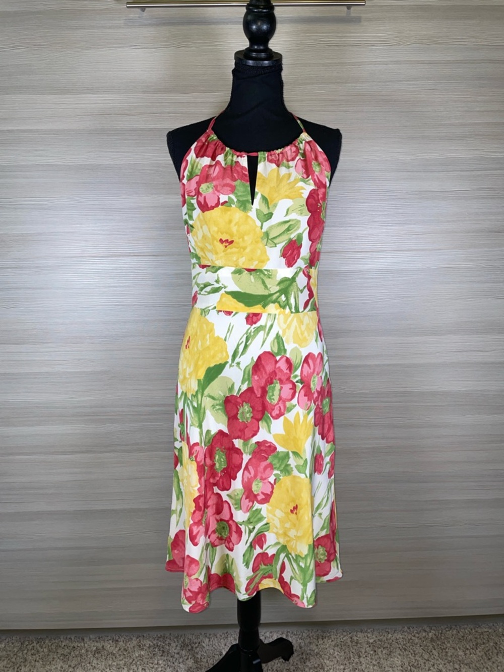 LOFT 100% Silk Floral Halter A-Line Midi Dress in Yellow, Pink & Green Size 4